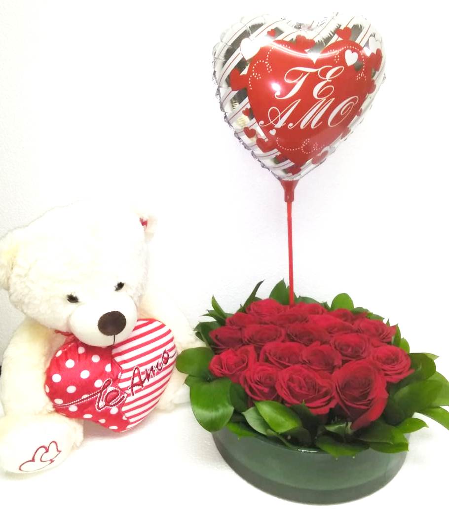 Florero redondo con 18 Rosas, Peluche con corazn 30cm y Globito